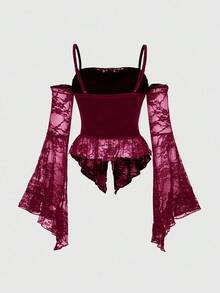 ROMWE Goth Dark Halloween Velvet & Contrast Lace Flare Sleeve Top - Burgundy - View 2