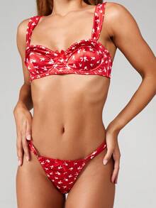 Missguided x Playboy Conjunto de Sutiã Balconete Acolchoado com Armação e Calcinha Tipo Tanga Combinando com Estampa Floral e Alças Ajustáveis para Ocasiões Íntimas - Vermelho - Visão 3
