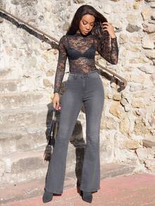 Yess Loren 休闲曲线高腰喇叭腿牛仔裤 - 深灰色 - 查看 4