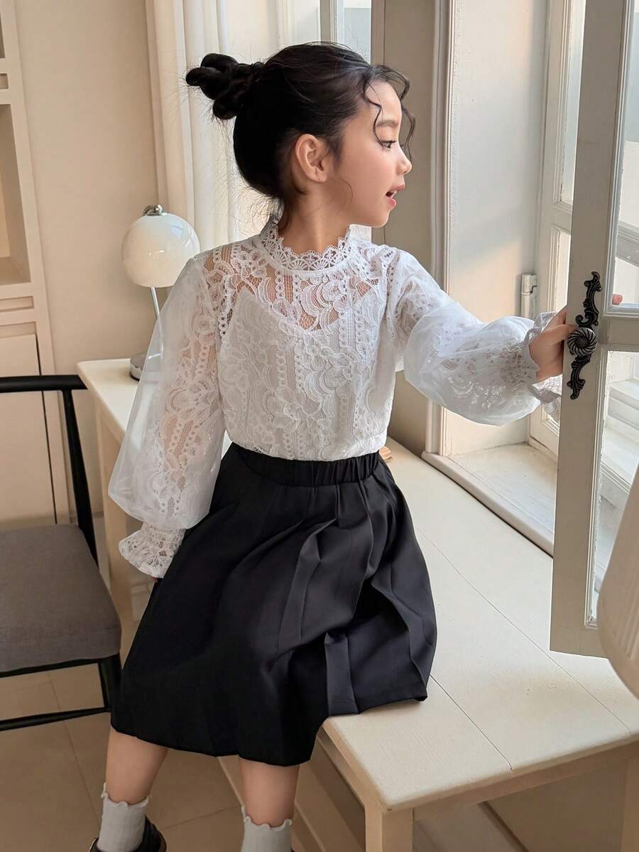 DAZY 女童蕾丝拼接长袖衬衫 - 白色 - 查看 1