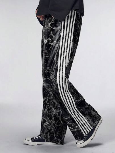 Street Life Pantalon décontracté ample à jambes larges avec bandes en sangle en cuir PU pour hommes