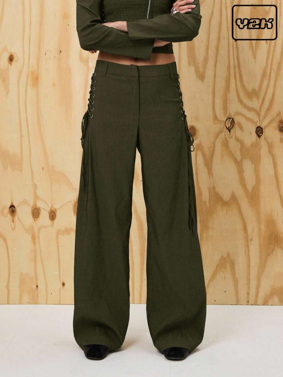 COUREZ 格纹细节宽松修身西裤/Y2K风格外出穿搭阔腿裤秋季女装冬季女装阔腿裤优雅办公室 - 軍綠色 - 查看 1