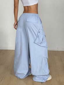 Muchica Women's New Elastic Waist Wide Pocket Loose Drawstring Ankle Length Pants - Blue - View 2