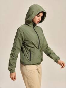 Exploreva Chaqueta casual suelta con capucha, manga larga y cremallera para mujer para uso al aire libre - Verde Oliva - Ver 6