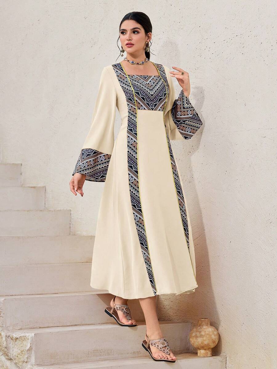 Al Najma Đầm maxi Thổ Nhĩ Kỳ in họa tiết dành cho nữ, áo choàng dài truyền thống Ả Rập. - Màu be - Xem 1