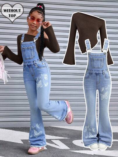 SHEIN 少女蓝色牛仔蝴蝶印花弹力紧身背带喇叭裤