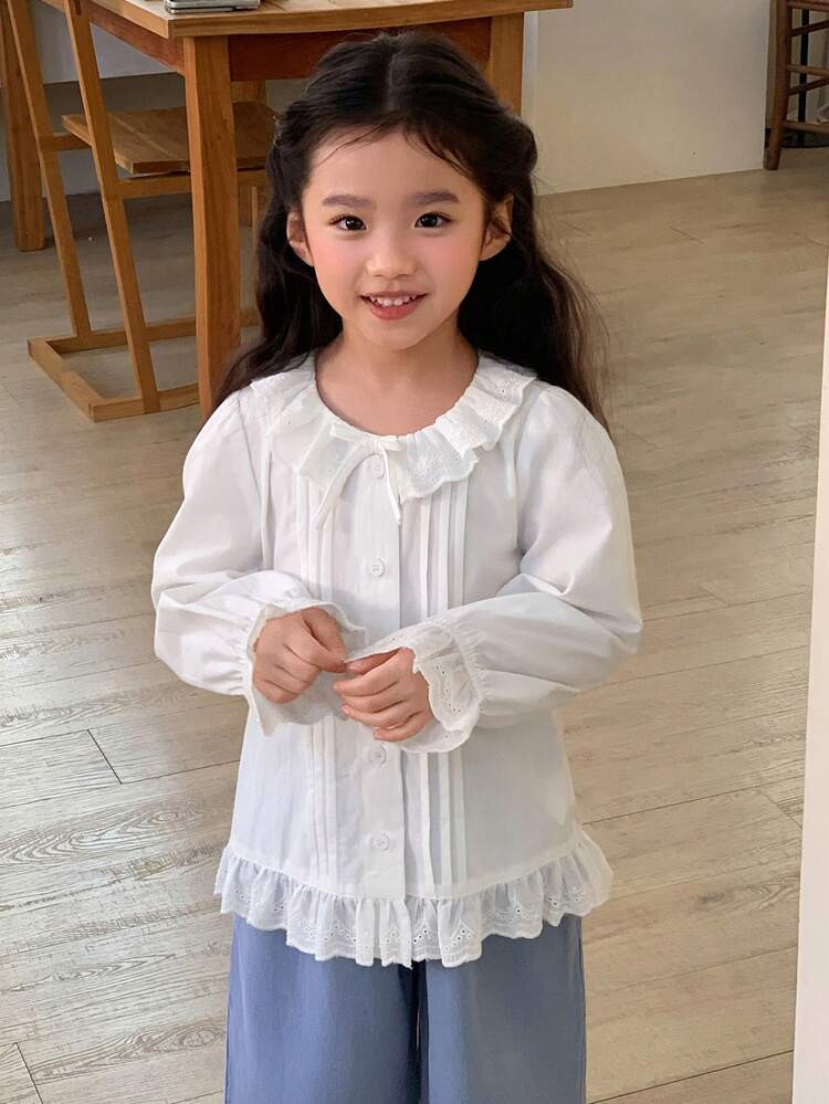 Young Girls Round Neck Ruffle Trim Long Sleeve Solid Color Blouse, Spring/Autumn