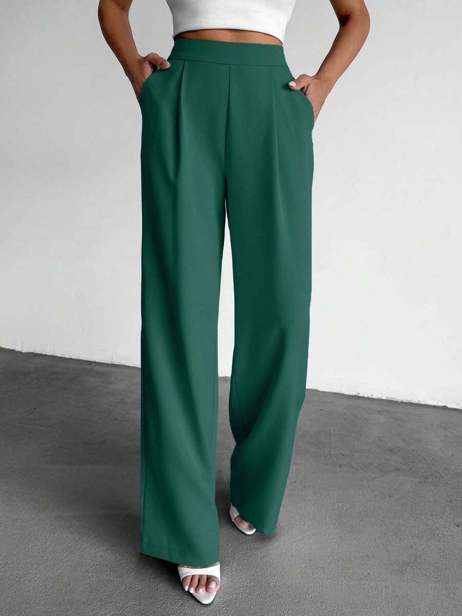 EURMUSE Fashionable & Versatile High Waist Wide Leg Solid Color Pants - Green - View 1