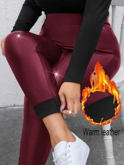 SHEIN Essnce Plusstorlekar Dam Höst- och vinter Casual Mode Enkla Termofodrade Varma Svarta Stretchiga PU-läderleggings, Dambyxor, Vinterkläder, Kurvbyxor, Gatukläder, Läderbyxor, Fleeceleggings, Termofodrade leggings, Varma leggings, Damtights