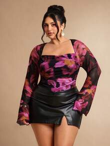 SHEIN BAE 大码女式网纱印花荷叶边喇叭袖连体衣 - 玫紅色 - 查看 1