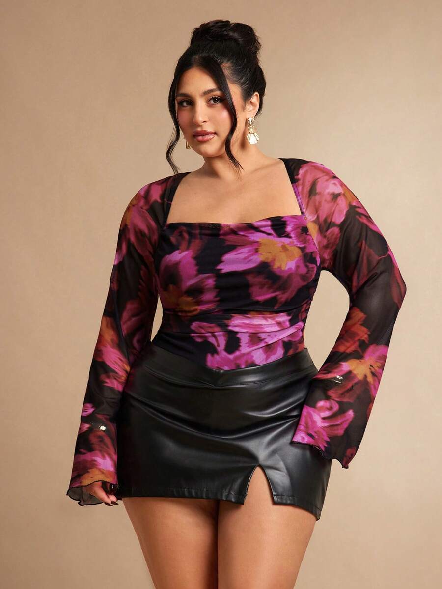 SHEIN BAE 大码女式网纱印花荷叶边喇叭袖连体衣 - 玫紅色 - 查看 1