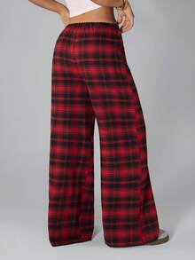 SHEIN PETITE Women Casual Plaid Print Drawstring Waist Pants Winter Christmas Chic Red New Year - Red - View 3
