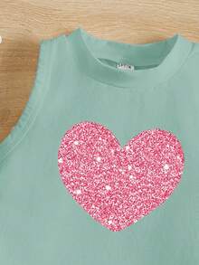 少女休闲简约卡通图案无袖圆领背心，适合夏季穿着 - 綠色 - 查看 3