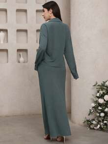 Veilorie Completo elegante da donna composto da top a maniche lunghe con laccio e gonna lunga, in tinta unita - Blu verde acqua - Visualizzare 6