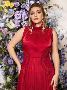 大码情人节优雅无袖立领荷叶边腰身长裙，正式派对礼服，适合各种场合：度假、约会、舞会、婚礼，百搭 - 紅色 - 查看 5