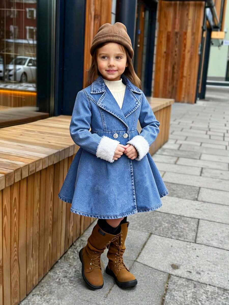 Elladie kids Autumn/Winter Denim Long Knee-Length Jacket Or Dress, Washed Black Denim, Retro Sweet Cool Casual Vacation Style College Look Recommended - Medium Wash - View 1