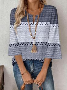 EMERY ROSE Women's 3/4 Sleeve V-Neck Work Blouse, Spring/Autumn - Multicolor - View 3