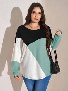 SHEIN LUNE Sudadera holgada de cuello redondo con mangas farol y contraste de color, ropa de otoño talla grande - Agua verde azul - Ver 7