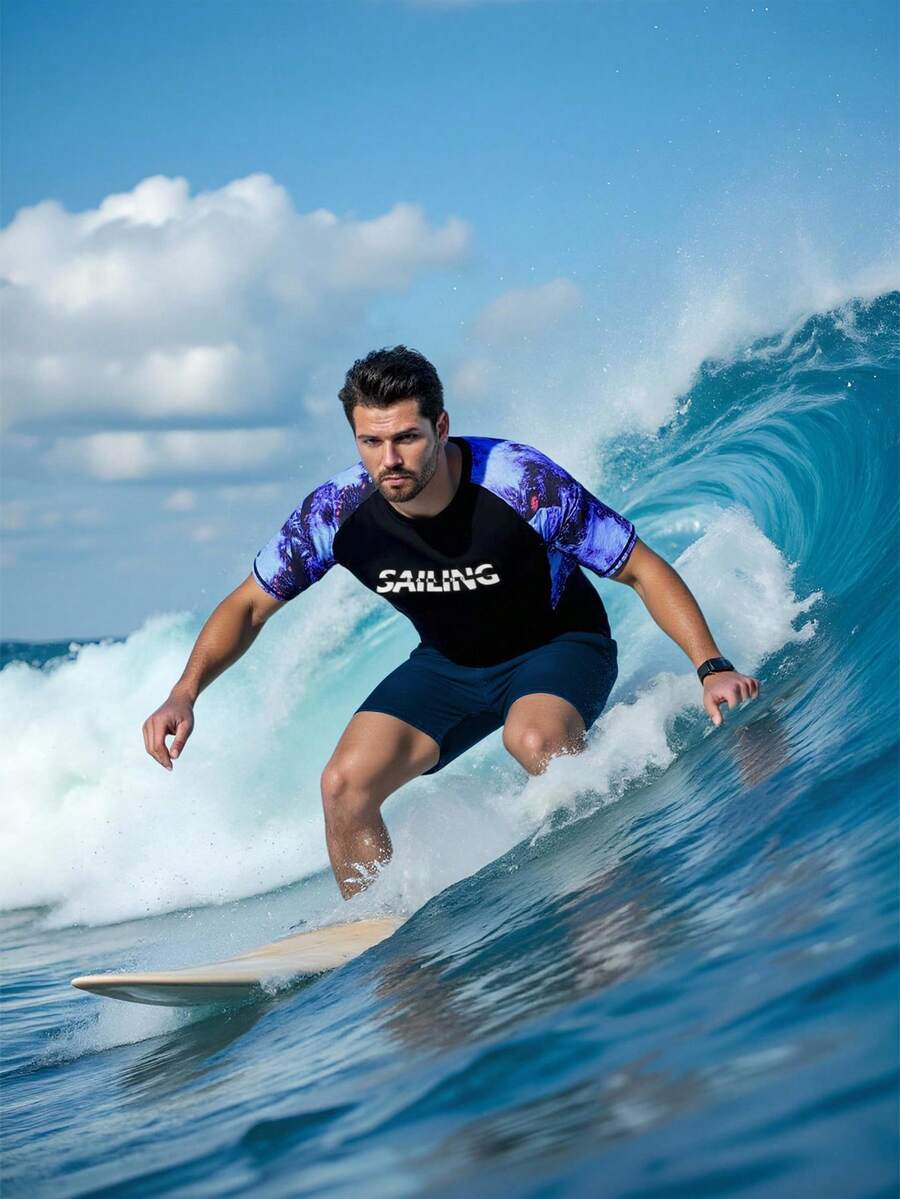 Manfinity Swimmode Traje de baño con estampado tropical para hombres, playa y surf - Negro - Ver 1