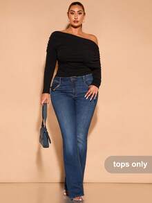 SHEIN BAE 大码秋季黑色露肩不对称天鹅绒罗纹褶皱长袖连体衣，优雅性感，适合约会、外出等场合，冬季必备 - 黑色 - 查看 6