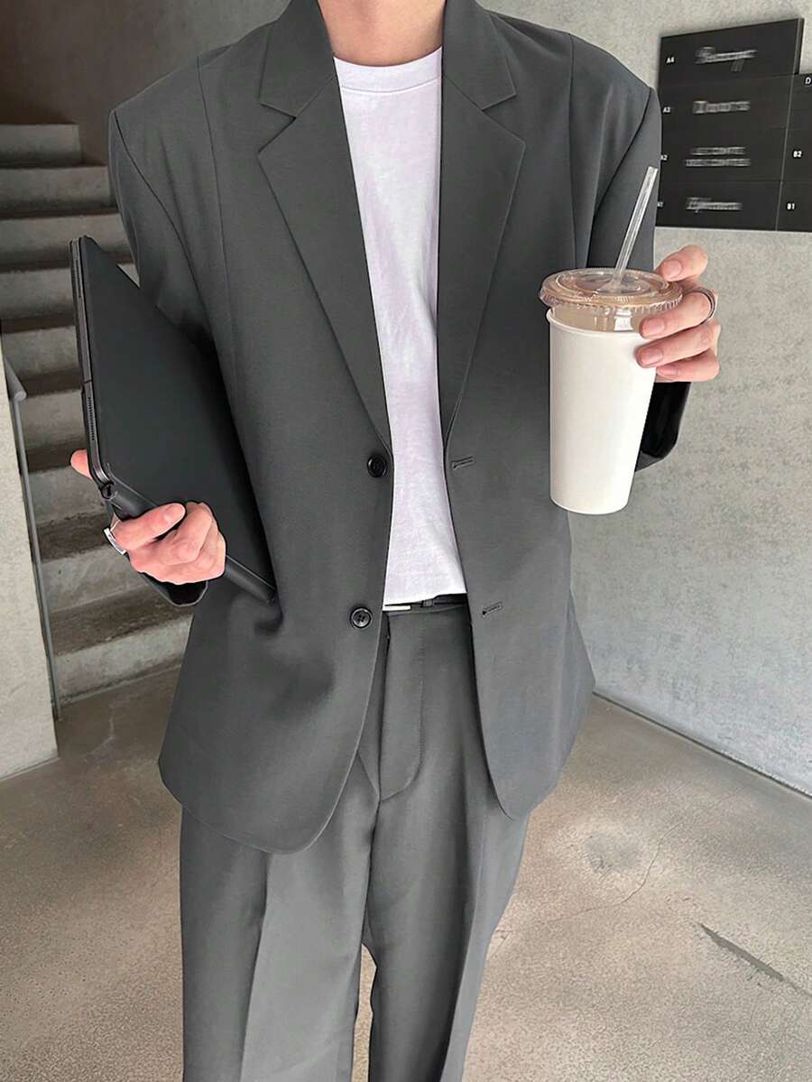 DAZY 男士纯色深灰色西装外套和裤子套装，春秋季 - 深灰色 - 查看 1