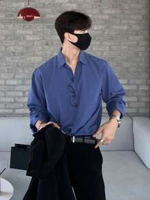 DAZY 男士纯蓝色长袖衬衫，春秋季 - 藍色 - 查看 6