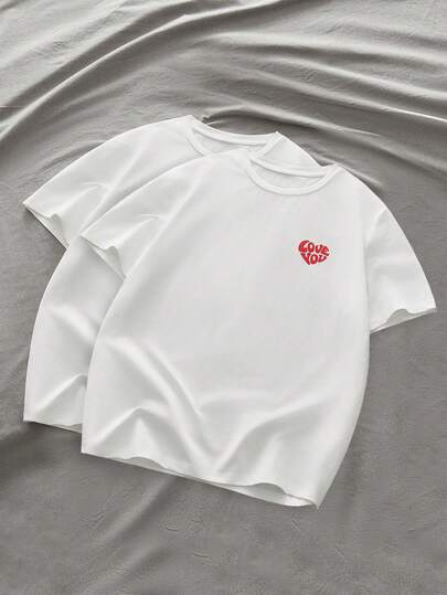 AXEPEAK 2pcs Pack Men Knitted Casual Short Sleeve T-Shirt With Heart Graphic Print, Boyfriend Gift, For Work