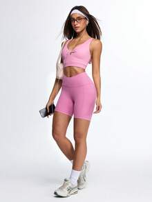Slayform Women's Soft Pink V-Neck Twist Front Longline Sports Bra,Double Strappy Back Keyhole Yoga Top,Summer Athleisure Open Back Gym Workout Athletic Top - Pink - View 7