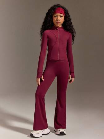 SHEIN Conjunto de chaqueta activa y pantalones acampanados para niñas preadolescentes, color morado berenjena, de tela deportiva de alta elasticidad y seda con líneas de costura elegantes, adecuado para entrenamiento en casa y deportes al aire libre