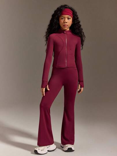 SHEIN Tween Girls Active Jacket & Flare Pants Set, Eggplant Purple, High Stretch Silky Sports Fabric With Elegant Seam Lines, Suitable For Home Workout And Outdoor Sports