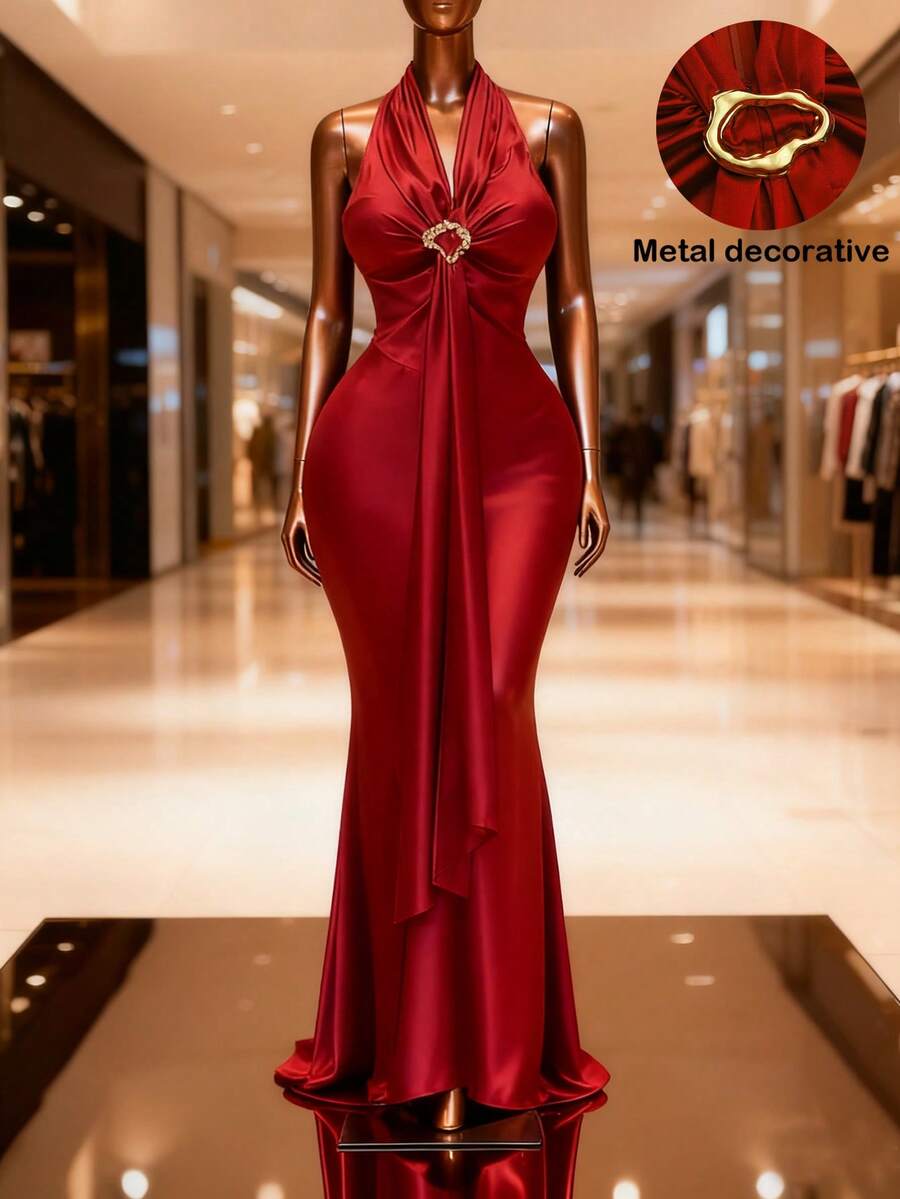 Franclia 女士优雅吊带连衣裙，金属扣装饰，情人节红色连衣裙 - Fiery Red - 查看 1