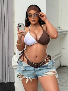 Swim SXY 夏季海滩度假新款泳衣套装，撞色不对称性感三角罩杯比基尼套装，性感两件式泳衣，舒适纹理面料泳衣套装，大码泳衣套装 - 彩色 - 查看 6