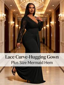 Veslaya 秋冬新款 Y2K 复古优雅精致基础款日常鸡尾酒会假日通勤大码奢华派对优雅纯色修身法式优雅休闲长款蕾丝长袖连衣裙，适合大码女性，适合派对场合 - 黑色连衣裙 黑色大码正式礼服 大码晚礼服 曲线正式晚礼服 曲线连衣裙 黑色蕾丝长袖连衣裙 黑色长款连衣裙 情人节装扮 - 黑色 - 查看 3