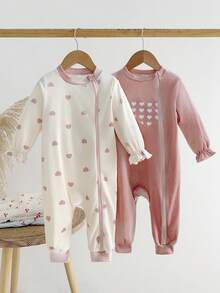 SHEIN Baby Girls' Cute Heart Print Contrast Color Korean Fleece Knit Long Sleeve Romper, Comfortable Fabric, Suitable For Daily Wear, Autumn/Winter - Multicolor - View 3