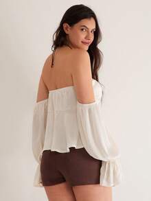 SHEIN VCAY Blus Modis Wanita Ukuran Besar Warna Polos Model Off-Shoulder Lengan Lebar dengan Tali Serut di Depan - Aprikot - View 6