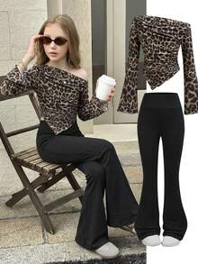 SHEIN 少女豹纹网纱露肩喇叭长袖短款上衣搭配纯黑色喇叭裤两件套，休闲优雅日常穿着，适合秋冬季毕业季穿着 - 棕色 - 查看 13