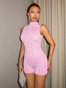 SHEIN BAE 水晶装饰无袖优雅纯黑色简约吊带连体裤，适合秋冬季节穿着 - 淺粉色 - 查看 4