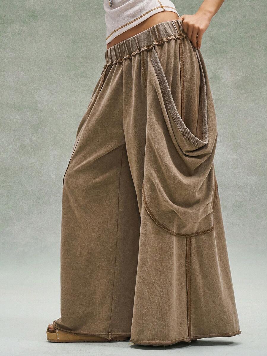 Bohemela Women's Casual Solid Color Knit Loose Wash Pants Baggy Cargo - Brown - View 1
