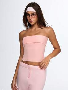 Eassivo Kurzer, anliegender einfarbiger Lässig Strickpullover - Pink - Übersicht 3