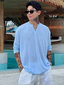 DAZY Men's Crinkle Texture V-Neck Cardigan Sweater, Summer - Blue - View 4