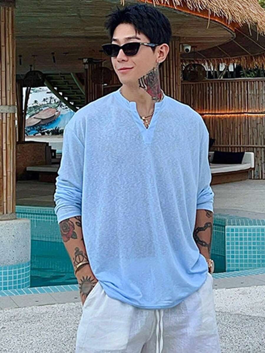 DAZY 男士褶皱纹理V领开衫毛衣，夏季 - 藍色 - 查看 1