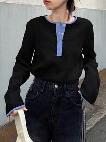 FRIFUL 女士宽松圆领半拉链撞色袖口和门襟华夫格纹理休闲T恤 - 黑色 - 查看 2