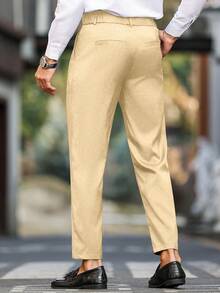 Calvornis Men's Solid Color Waist Buckle Design Pocket Commuter Suit Pants - Beige - View 4