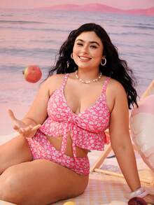 Swim Mod Plus Size Women 2pcs/Set Random Print Thick Strap Sexy Beach Holiday Bikini Swimwear - Multicolor - View 4