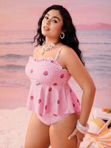 Swim Mod 大码女式两件套随机印花吊带泳衣，带收腹设计，适合海滩和度假 - 彩色 - 查看 5