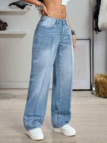 SHEIN EZwear Y2K 女式浅蓝色低腰直筒宽松牛仔裤 - 淺色水洗藍 - 查看 5