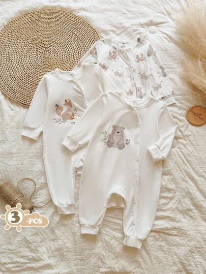 Vintaside Kids 3 st babypojke tecknat djurtryck rund halsringning långärmad snäppjumpsuit, lämplig för spädbarn, vardagligt hem, semester, familjesammankomst, fest höst vinter