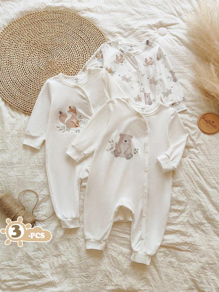 Vintaside Kids 3pcs Baby Boy Cartoon Animal Print Crew Neck Long Sleeve Snap-Up Jumpsuit, Suitable For Infants, Casual Home, Vacation, Family Gathering, Party Fall Winter - White - View 1