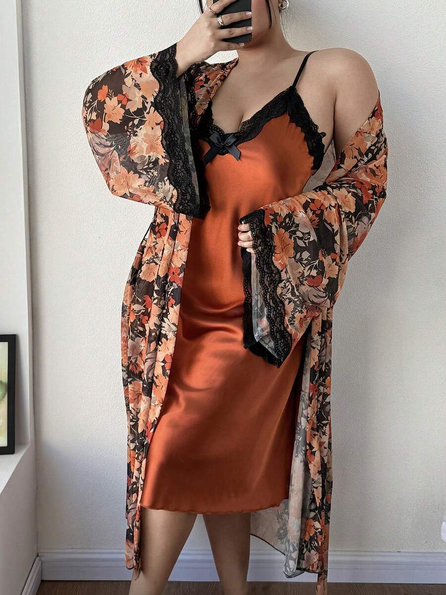 SHEIN Bộ váy và áo choàng hai dây satin in hoa cỡ lớn, trưởng thành và thanh lịch - Nhiều màu - Xem 1
