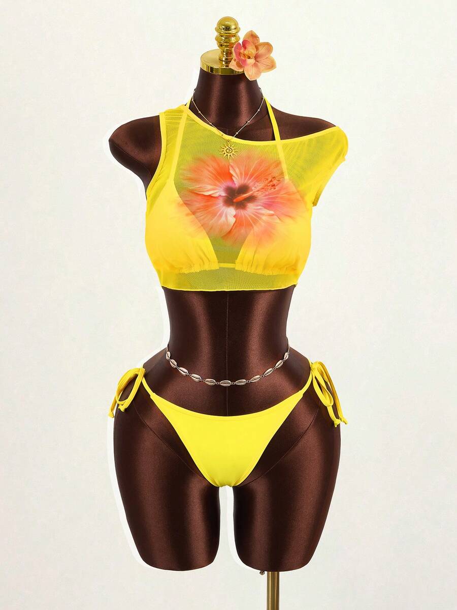 Zestiva 三件套女士泳衣套装，纯色比基尼搭配网纱印花罩衫，适合海滩、泳池、休闲派对、度假、春夏穿着。 - 黃色 - 查看 1